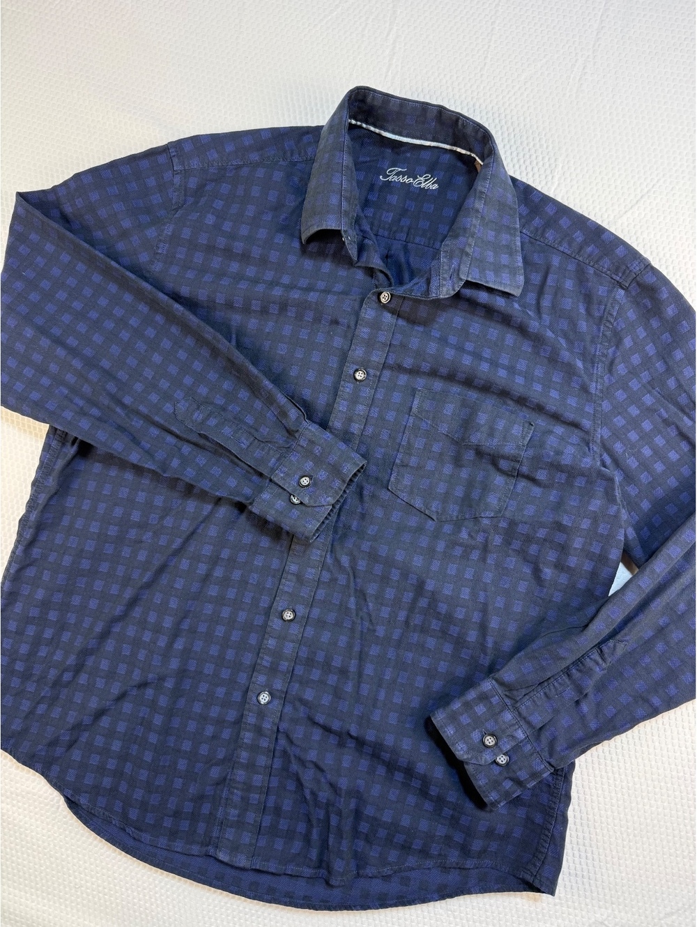 Tasso Elba Mens L 16-16.5 Navy Blue Geometric Shirt Long Sleeve Preppy Cotton